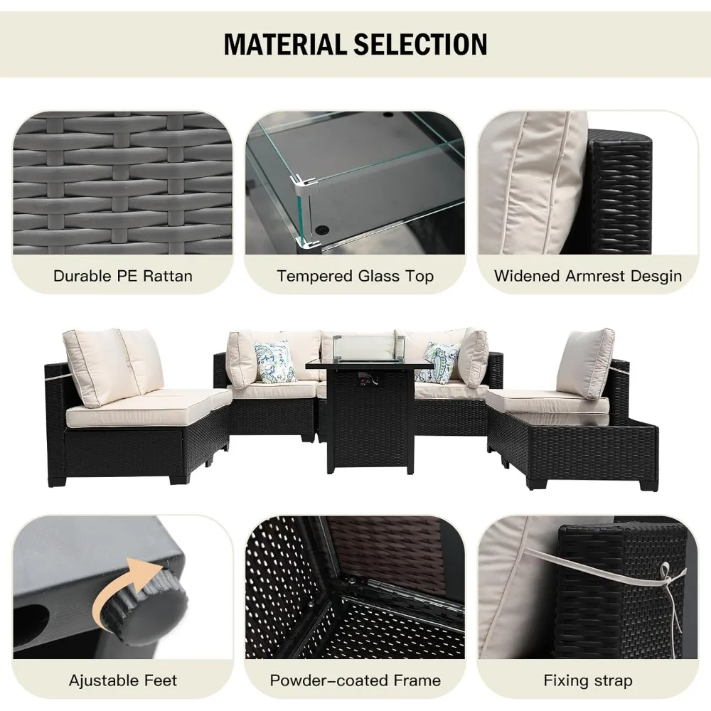 Outdoor Furniture Fire Pit Set - 8-Piece Patio Furniture Rattan Wicker Outdoor