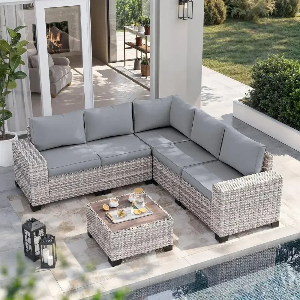 Outdoor Furniture Grey - 6-Piece Outdoor Wicker Sectional Patio Furniture