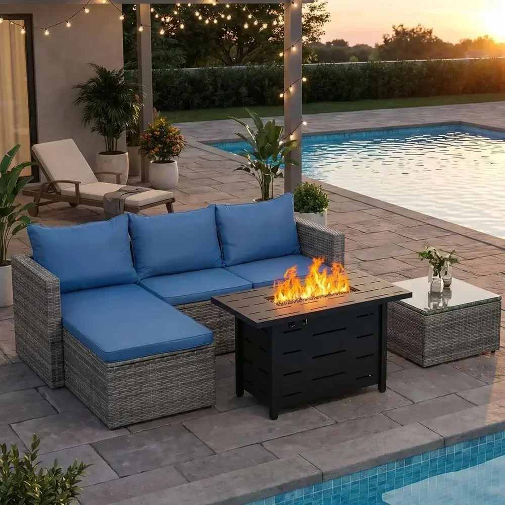 Outdoor Furniture Fire Pit Set - 4-Piece Outdoor Wicker Patio Furniture Set