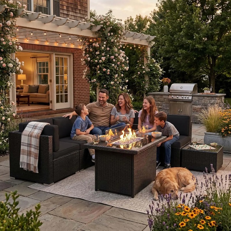 8-Piece Patio Wicker Sectional - Outdoor Furniture Fire Pit Set review and price