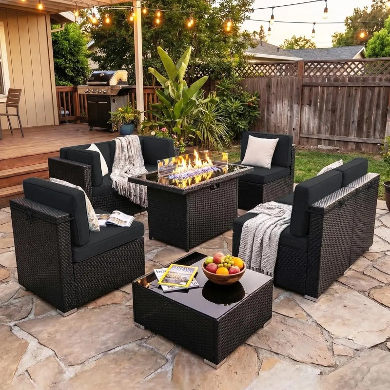 8-Piece Patio Wicker Sectional - Outdoor Furniture Fire Pit Set review and price